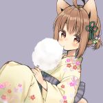  1girl ahoge animal_ears bangs blush brown_eyes brown_hair closed_mouth commentary_request cotton_candy dutch_angle eating eyebrows_visible_through_hair floral_print flower food hair_flower hair_ornament holding holding_food japanese_clothes kimono long_sleeves looking_at_viewer midorikawa_you obi original print_kimono purple_background sash short_twintails simple_background sitting solo twintails wide_sleeves yellow_kimono 