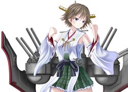  1girl bare_shoulders blue_eyes brown_hair cannon detached_sleeves flipped_hair green_skirt headgear hiei_(kantai_collection) japanese_clothes kantai_collection nontraditional_miko plaid plaid_skirt remodel_(kantai_collection) ribbon-trimmed_sleeves ribbon_trim rigging short_hair simple_background skirt solo turret white_background yatsu_seisakusho 