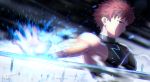  1boy armor armpits artist_name breastplate brown_eyes electricity emiya_shirou energy fate/stay_night fate_(series) magic magicians_(zhkahogigzkh) male_focus orange_hair outstretched_arm planted_sword planted_weapon ribbon serious solo sparks sword upper_body weapon white_ribbon 