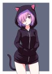  1girl alternate_costume animal_ears blush cat_ears cat_tail cowboy_shot drawstring fate/grand_order fate_(series) grey_background hair_over_one_eye hands_in_pocket head_tilt highres hood hood_up hoodie kemonomimi_mode legs_apart long_sleeves looking_at_viewer mash_kyrielight mouth_hold no_pants pink_hair profnote shiny shiny_hair short_hair simple_background solo standing tail thighs violet_eyes 