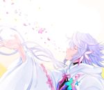  1boy blowing blue_hair closed_eyes fate/grand_order fate_(series) flower from_side hair_flower hair_ornament highres long_hair long_sleeves male_focus merlin_(fate/stay_night) petals profile robe solo takashi_(onikukku) upper_body very_long_hair wide_sleeves 