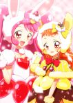  2girls :d a_la_mode_style_(precure) animal_ears arisugawa_himari bangs bow bowtie cake_hair_ornament choker collarbone commentary_request cure_custard cure_whip dress eyebrows_visible_through_hair fake_animal_ears food food_themed_hair_ornament fruit fur-trimmed_capelet fur-trimmed_gloves fur_trim gloves hair_bow hair_ornament hand_holding hand_up hat heart interlocked_fingers kirakira_precure_a_la_mode light_particles long_hair looking_at_viewer magical_girl multiple_girls open_mouth orange_hair pink_background pink_bow pink_choker pink_dress pink_hair plaid plaid_background pom_pom_(clothes) precure pudding rabbit_ears red_bow red_eyes red_neckwear revision shiny shiny_hair short_eyebrows short_sleeves smile sparkle squirrel_ears strawberry strawberry_shortcake twintails upper_body usami_ichika white_gloves white_hat yellow_bow yellow_capelet yellow_dress yellow_gloves yellow_hat yuto_(dialique) 