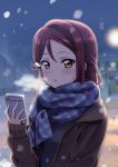  1girl :o blue_scarf blurry blurry_background blush breath brown_coat cellphone coat deadnooodles depth_of_field hair_ornament hairclip highres holding holding_phone long_hair long_sleeves love_live! love_live!_sunshine!! open_clothes open_coat open_mouth outdoors phone plaid plaid_scarf redhead sakurauchi_riko scarf sleeves_past_wrists smartphone snowing solo tareme town upper_body yellow_eyes 