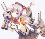  1girl beret black_skirt blue_eyes epaulettes gloves gunp hat jacket kantai_collection kashima_(kantai_collection) kerchief long_sleeves pleated_skirt short_hair silver_hair skirt smile solo two_side_up white_gloves white_jacket 