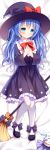  1girl bangs bed_sheet black_dress black_footwear black_hat blue_eyes blue_hair blush bow bowtie broom closed_mouth collar commentary_request dakimakura date_a_live dress eyebrows_visible_through_hair frilled_collar frilled_dress frills full_body hair_between_eyes hand_puppet hands_on_own_chest hat hat_bow long_hair looking_at_viewer lying on_back pantyhose print_dress puppet purple_bow red_bow red_neckwear shoes solo star star_print very_long_hair white_legwear witch witch_hat xia_xiang_(ozicha) yoshino_(date_a_live) yoshinon 