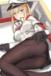  1girl ass black_gloves black_panties blonde_hair blue_eyes blush breasts brown_legwear capelet eyebrows_visible_through_hair feet_out_of_frame from_behind gloves graf_zeppelin_(kantai_collection) hair_between_eyes hat jacket kantai_collection large_breasts long_hair long_sleeves looking_at_viewer looking_back lying on_side pallad panties pantyhose parted_lips peaked_cap quad_tails solo underwear white_jacket 