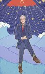  1boy caesar_caesar cancer formal grey_hair juuni_taisen juuni_taisen_vs_juuni_taisen legs_crossed looking_at_viewer male_focus necktie outline pinstripe_pattern pinstripe_suit red_neckwear sitting smile solo star striped suit tidal_wave tonoko_(cinq5) waves yellow_outline 