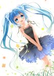  1girl :d absurdly_long_hair bangs bare_arms bare_shoulders black_dress blue_eyes blue_hair blush collarbone commentary_request dress dutch_angle eyebrows_visible_through_hair hair_between_eyes hair_ornament hair_scrunchie hatsune_miku long_hair looking_at_viewer open_mouth scrunchie sleeveless sleeveless_dress smile solo standing sundress twintails v_arms very_long_hair vocaloid white_background white_scrunchie xia_xiang_(ozicha) 
