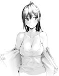  1girl bare_shoulders breasts cleavage closed_mouth cropped_torso greyscale hiiragi_yuuichi large_breasts long_hair looking_away looking_to_the_side monochrome original ponytail shirt simple_background sketch solo spaghetti_strap undressing upper_body white_background 