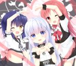  3girls :d ;d alternate_costume apron bangs bare_shoulders black_skirt black_vest blue_eyes blue_hair blush bow bowtie center_frills chimame-tai collared_shirt commentary_request crop_top detached_collar dutch_angle enmaided eyebrows_visible_through_hair eyes_visible_through_hair fang frilled_apron frills gochuumon_wa_usagi_desu_ka? hair_between_eyes hair_ornament heart heart_arms heart_arms_duo heart_hands highres jouga_maya kafuu_chino kouda_suzu long_hair looking_at_viewer looking_to_the_side maid midriff multiple_girls natsu_megumi one_eye_closed open_mouth pleated_skirt red_eyes red_neckwear redhead shirt short_hair short_sleeves silver_hair skirt smile very_long_hair vest waist_apron white_apron white_shirt wrist_cuffs x_hair_ornament yellow_eyes 