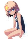  1girl arm_support bangs blonde_hair blue_eyes blue_swimsuit closed_mouth commentary_request eyebrows_visible_through_hair fang girls_und_panzer katyusha looking_at_viewer name_tag one-piece_swimsuit school_swimsuit short_hair sitting smile solo sw swimsuit wet 