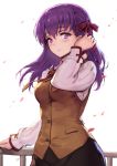  1girl black_skirt blouse blush brown_vest eyebrows_visible_through_hair fate/stay_night fate_(series) hair_between_eyes hair_tucking hand_up haoni long_hair long_sleeves looking_at_viewer matou_sakura neck_ribbon necktie parted_lips petals purple_hair railing red_neckwear red_ribbon ribbon skirt solo standing violet_eyes white_background white_blouse 