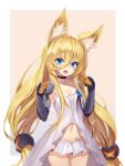  1girl absurdly_long_hair animal_ears bangs barcode blonde_hair blue_eyes blue_rose breasts cat_ears choker cleavage collarbone cowboy_shot ehart elbow_gloves eyebrows_visible_through_hair eyes_visible_through_hair fang flower g41_(girls_frontline) girls_frontline gloves glowing hair_between_eyes heterochromia long_hair looking_at_viewer low-tied_long_hair miniskirt navel open_mouth red_eyes rose shirt shoulder_guard sidelocks simple_background skirt small_breasts smile solo stomach thighs twintails very_long_hair white_shirt white_skirt 