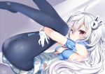  1girl ass azur_lane bili_girl_33 bili_girl_33_(cosplay) bilibili_douga black_legwear breasts cosplay eyebrows_visible_through_hair from_side glint gloves hair_between_eyes hair_ornament heart heart-shaped_pupils highres kamioka_shun&#039;ya knees_on_chest laffey_(azur_lane) long_hair miniskirt pantyhose red_eyes side_ponytail sideboob silver_hair skirt small_breasts solo symbol-shaped_pupils white_gloves 