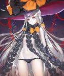  1girl abigail_williams_(fate/grand_order) black_bow black_panties bow breasts clara_v elbow_gloves fate/grand_order fate_(series) gloves hat keyhole long_hair looking_at_viewer navel orange_bow pale_skin panties red_eyes solo under_boob underwear witch_hat 