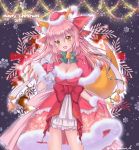  1girl 2017 alternate_costume animal_costume animal_ears bell bell_collar blush breasts capelet christmas cleavage collar dress fate/extra fate/grand_order fate_(series) fox_ears fox_tail fur_trim gift gloves hair_ribbon hat large_breasts long_hair looking_at_viewer merry_christmas mystmu open_mouth pink_hair red_dress red_gloves reindeer_costume ribbon sack santa_costume santa_gloves santa_hat solo tail tamamo_(fate)_(all) tamamo_no_mae_(fate) yellow_eyes 