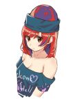  1girl ai_ken bare_shoulders black_shirt closed_mouth clothes_writing collarbone hecatia_lapislazuli highres looking_at_viewer off-shoulder_shirt polos_crown red_eyes redhead shirt simple_background solo t-shirt touhou upper_body white_background 