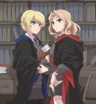  2girls alternate_costume bangs black_legwear black_robe blonde_hair blue_eyes book bookshelf braid chair commentary_request cosplay darjeeling desk diagonal_stripes dress_shirt eyebrows_visible_through_hair girls_und_panzer grey_skirt grey_sweater gryffindor hair_intakes harry_potter hogwarts_school_uniform holding holding_book indoors kay_(girls_und_panzer) long_hair multicolored multicolored_stripes multiple_girls necktie pantyhose ravenclaw ree_(re-19) school_uniform shirt short_hair skirt standing striped striped_neckwear thigh-highs tied_hair twin_braids v-neck wand white_legwear white_shirt 