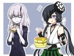  2girls albino bare_shoulders black_bow black_dress black_gloves blush bow commentary_request dress eyepatch fate/grand_order fate_(series) fingerless_gloves food gloves hair_bow hair_over_one_eye holding holding_food holding_plate horn lavinia_whateley_(fate/grand_order) looking_at_another low_twintails mekakuri_(otacon250) mochizuki_chiyome_(fate/grand_order) multiple_girls open_mouth pale_skin pancake plate polka_dot polka_dot_bow red_eyes ribbed_dress sandwich shaded_face twintails violet_eyes white_bow white_hair 