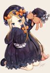  1girl 2017 abigail_williams_(fate/grand_order) artist_name black_dress black_hat blonde_hair blue_eyes blush bow closed_mouth dress fate/grand_order fate_(series) hair_bow hat hijiri_ruka long_hair looking_at_viewer orange_bow polka_dot polka_dot_bow sitting sleeves_past_wrists solo stuffed_animal stuffed_toy teddy_bear wariza 