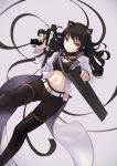  1girl :&lt; animal_ears belt black_hair black_pants blake_belladonna cat_ears closed_mouth grey_background gun highres holding holding_gun holding_weapon long_hair long_sleeves looking_at_viewer meda navel pants rwby solo v-shaped_eyebrows weapon yellow_eyes 