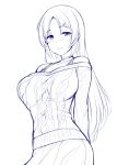  1girl alternate_costume aran_sweater bangs bare_shoulders blush breasts casual closed_mouth cowboy_shot eyebrows_visible_through_hair fate/grand_order fate_(series) hair_ornament hairclip large_breasts long_hair long_sleeves looking_at_viewer minamoto_no_raikou_(fate/grand_order) ribbed_sweater simple_background skirt smile solo sweater uni8 