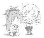  2girls =_= blush chibi closed_eyes covering_mouth denim denim_shorts drill_hair graphite_(medium) hand_to_own_mouth long_hair mahou_shoujo_madoka_magica mitakihara_school_uniform multiple_girls pantyhose ponytail renji_(orange_ize) sakura_kyouko school_uniform shorts sparkle sweatdrop tearing_up tomoe_mami traditional_media white_background 