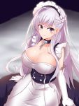  1girl apron arms_at_sides azur_lane bangs bed bed_sheet belfast_(azur_lane) blush braid breasts chains closed_mouth collar collarbone corset cowboy_shot elbow_gloves etan14 eyebrows_visible_through_hair french_braid frills gloves highres large_breasts long_hair looking_at_viewer maid_headdress on_bed pink_hair shiny shiny_skin sitting sleeveless smile solo very_long_hair violet_eyes white_apron 