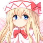  1girl blonde_hair blue_eyes blush bow bowtie capelet closed_mouth dress eyebrows_visible_through_hair hair_between_eyes hat lily_white long_hair looking_at_viewer pink_dress red_neckwear shiro_oolong-cha solo touhou upper_body 