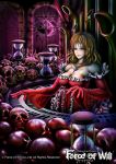 1girl blonde_hair blood breasts cleavage copyright_name fang force_of_will gloves green_eyes instrument jewelry long_hair necklace official_art pipe_organ skull upper_body vampire window 