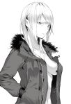  1girl bangs breasts closed_mouth from_side fur_trim greyscale hands_in_pockets highres hiiragi_yuuichi jacket long_hair long_sleeves looking_at_viewer medium_breasts monochrome naked_coat original simple_background solo upper_body white_background 