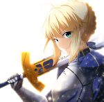  1girl ahoge armor artoria_pendragon_(all) blonde_hair excalibur eyebrows_visible_through_hair fate/stay_night fate_(series) from_side gauntlets green_eyes hair_between_eyes holding holding_sword holding_weapon looking_at_viewer saber_(fate) short_hair_with_long_locks shou_(10868818) sidelocks simple_background smile solo sword upper_body weapon white_background 