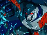  1boy arm_cannon artist_request blue_background cannon decepticon evil_smile glowing grin injury looking_at_viewer megatron megatron_(prime) no_humans red_eyes smile solo teeth transformers transformers_prime upper_body weapon 