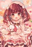  1girl :d ana_(rznuscrf) animal animal_hug bangs beret blush bow bowtie brown_bow brown_eyes brown_hair brown_neckwear cherry clothed_animal commentary_request dress eyebrows_visible_through_hair food fruit hair_bow hair_ornament hand_up hat heart idolmaster idolmaster_cinderella_girls lace lace-trimmed_dress long_hair long_sleeves looking_at_viewer ogata_chieri ok_sign open_mouth pink_dress pink_hat plaid plaid_bow pom_pom_(clothes) rabbit red_scarf scarf smile solo twintails 