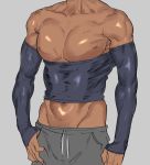  1boy good_breasts_day grey_background hand_in_pocket head_out_of_frame kimidake male_focus nipples original pants pectorals simple_background solo sweatpants tan upper_body 