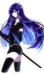  absurdres androgynous bangs black_gloves black_legwear blue_eyes blue_hair blunt_bangs commentary_request elbow_gloves from_side gloves highres houseki_no_kuni lapis_lazuli_(houseki_no_kuni) long_hair looking_at_viewer sheya short_shorts shorts smile solo thigh-highs very_long_hair 