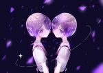  absurdres amethyst_(houseki_no_kuni) androgynous blue_background braid commentary_request diffraction_spikes expressionless gem_uniform_(houseki_no_kuni) highres houseki_no_kuni jitome looking_at_viewer mirin. necktie purple_hair shiny short_hair siblings smile sparkle twins violet_eyes 