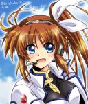  1girl :d blue_eyes breasts brown_hair dasuto eyebrows_visible_through_hair hair_ribbon headset jacket long_hair lyrical_nanoha magical_girl medium_breasts open_mouth portrait ribbon side_ponytail smile solo takamachi_nanoha triangle_heart twitter_username white_jacket white_ribbon 