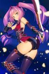  1girl ass black_legwear black_leotard blue_eyes breasts copyright_request from_side hair_intakes holding holding_sword holding_weapon leotard long_hair looking_at_viewer official_art parted_lips purple_hair small_breasts solo sword thigh-highs thighs tsurime twintails weapon yangsion 