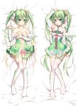  1girl arm_at_side arm_up bangs bare_shoulders bed_sheet blush breasts cleavage closed_mouth collarbone commentary dakimakura dress eyebrows_visible_through_hair flower green_dress green_eyes green_hair green_skirt hair_between_eyes hair_flower hair_ornament hatsune_miku layered_skirt long_hair long_sleeves looking_at_viewer lying medium_breasts multiple_views navel no_shoes on_back panties parted_lips purple_panties skirt thigh-highs thigh_strap twintails underwear very_long_hair vocaloid white_legwear xia_xiang_(ozicha) 