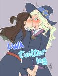  2girls artist_name blonde_hair blue_eyes blush brown_hair dated diana_cavendish grey_background hand_holding hat heart kagari_atsuko kiss little_witch_academia long_hair multiple_girls short_ponytail surprised ticcy witch_hat yuri 