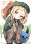  1girl babe_(fate) bangs boots closed_mouth collared_shirt cura dot_nose fate/grand_order fate_(series) full_body gloves green_hat green_jacket grey_footwear grey_gloves grey_legwear hat head_tilt jacket long_hair looking_at_viewer orange_eyes outdoors pantyhose parted_bangs paul_bunyan_(fate/grand_order) shirt short_hair smile solo squatting sun wing_collar 