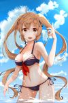  absurdres adapted_costume bikini blue_sky breasts brown_eyes brown_hair cleavage clouds highres in_water kantai_collection murasame_(kantai_collection) neve side-tie_bikini sky swimsuit twintails 