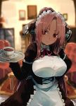  1girl apron bangs black_dress blurry blurry_background commentary_request cup dark_skin dress futatsuki_eru holding indoors long_hair long_sleeves looking_at_viewer maid maid_headdress neck_ribbon original parted_bangs pink_hair ponytail red_eyes ribbon saucer solo teacup tray very_long_hair waist_apron 