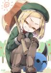  1girl angry babe_(fate) bangs boots clenched_teeth collared_shirt cura dot_nose fate/grand_order fate_(series) full_body gloves green_hat green_jacket grey_footwear grey_gloves grey_legwear half-closed_eyes hat head_tilt jacket long_hair looking_at_viewer orange_eyes outdoors pantyhose parted_bangs paul_bunyan_(fate/grand_order) shaded_face sharp_teeth shirt short_hair solo squatting sun teeth wing_collar 