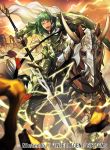  1boy armor armored_boots boots cape company_name electricity faceless faceless_male fire_emblem fire_emblem:_seima_no_kouseki fire_emblem_cipher gloves green_eyes green_hair horns horse kyle_(fire_emblem) male_focus nagahama_megumi official_art open_mouth polearm rock shield sky solo spear teeth weapon 