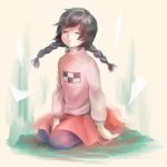  1girl absurdres braid brown_hair closed_eyes commentary_request highres long_hair madotsuki open_mouth pink_shirt shirt skirt solo sweater twin_braids twintails yume_nikki 