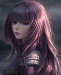  1girl armor artist_name bangs chuby_mi closed_mouth commentary day expressionless eyelashes face fate/grand_order fate_(series) half-closed_eyes highres lips long_hair looking_away looking_to_the_side nose pauldrons purple_hair red_eyes scathach_(fate/grand_order) shoulder_armor shoulder_pads solo sunlight 