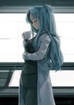  1girl bee_(deadflow) black_jacket black_pants blue_hair closed_eyes closed_mouth copyright_request cowboy_shot cup from_side holding indoors jacket labcoat long_hair long_sleeves one_side_up pants red_neckwear smile solo standing 