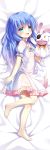 1girl :d arm_at_side bangs barefoot blue_eyes blue_hair blue_ribbon blush commentary_request dakimakura date_a_live dress eyebrows_visible_through_hair eyepatch frilled_dress frills full_body hair_between_eyes hand_puppet head_tilt long_hair looking_at_viewer lying nightgown on_side open_mouth puffy_short_sleeves puffy_sleeves puppet ribbon short_sleeves smile solo very_long_hair white_dress xia_xiang_(ozicha) yoshino_(date_a_live) yoshinon 